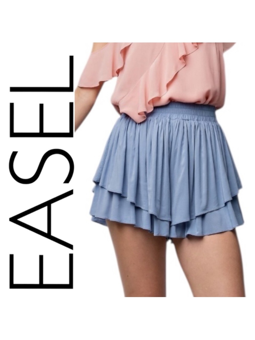 NWT Easel Shorts Skort Mock Skirt Ruffle Pale Blue Size Large, Elastic Waist